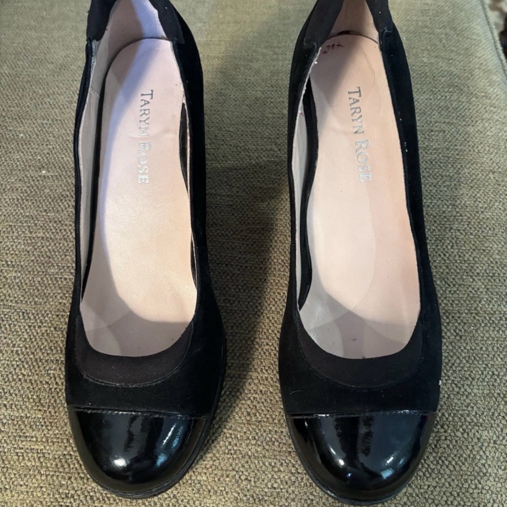 Taryn Rose Black‎ Suede Leather Cap Toe Block Heel Pumps Shoes